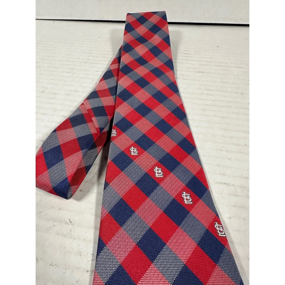 MLB St Louis Cardinals Mens Necktie Red Navy‎ Blue Gingham Check Logo Silk-Look